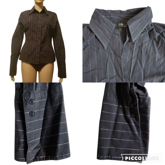 I.N. San Francisco Black Pinstripe Long Sleeve Collared Button Down Blouse Sz M - Picture 4 of 10